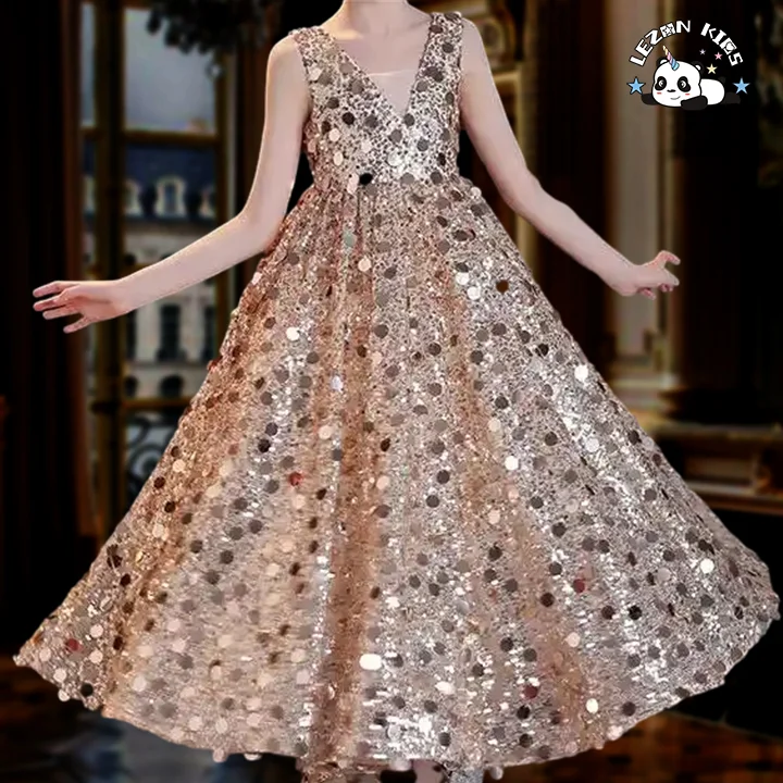 LEZONKIDS - 2024 Most Popular Sleeveless V Neck Fashion Sequined Long Party Dress Performance Girls Dress